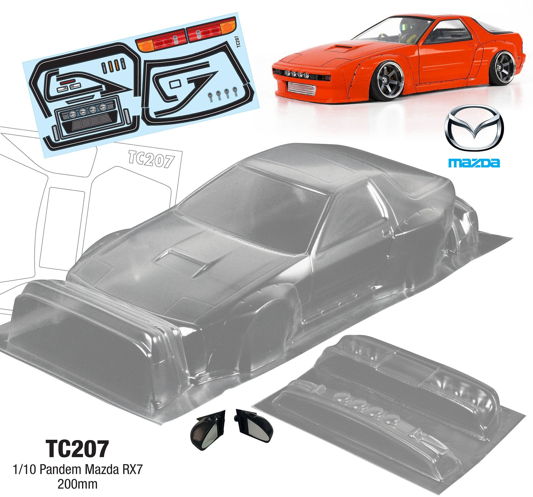 TC207 1/10 Pandem Mazda RX7, 200mm Drift MST HPI Kyosho 200mm x 257mm