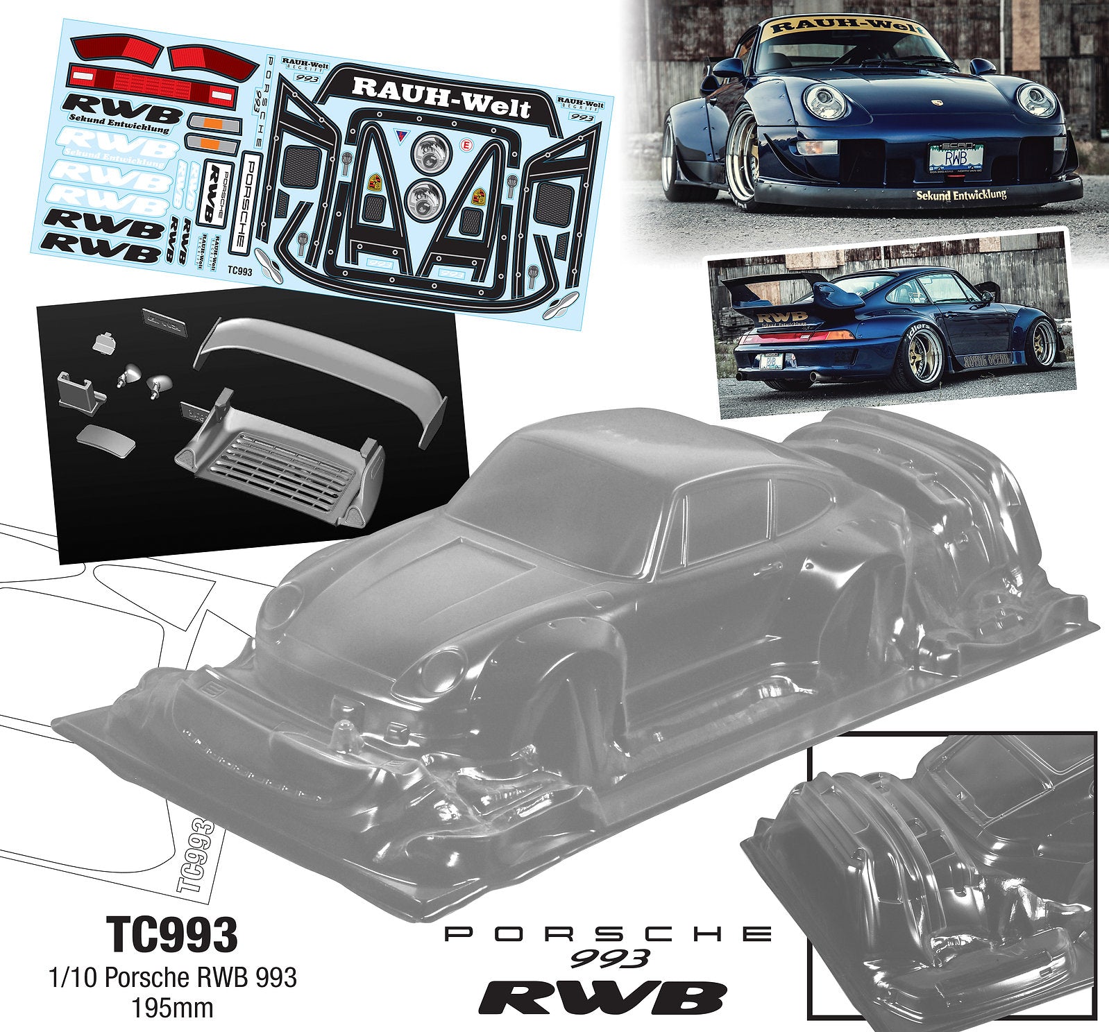 TC993 1/10 Porsche RWB 993, 195mm Tamiya Drift HPI MST
