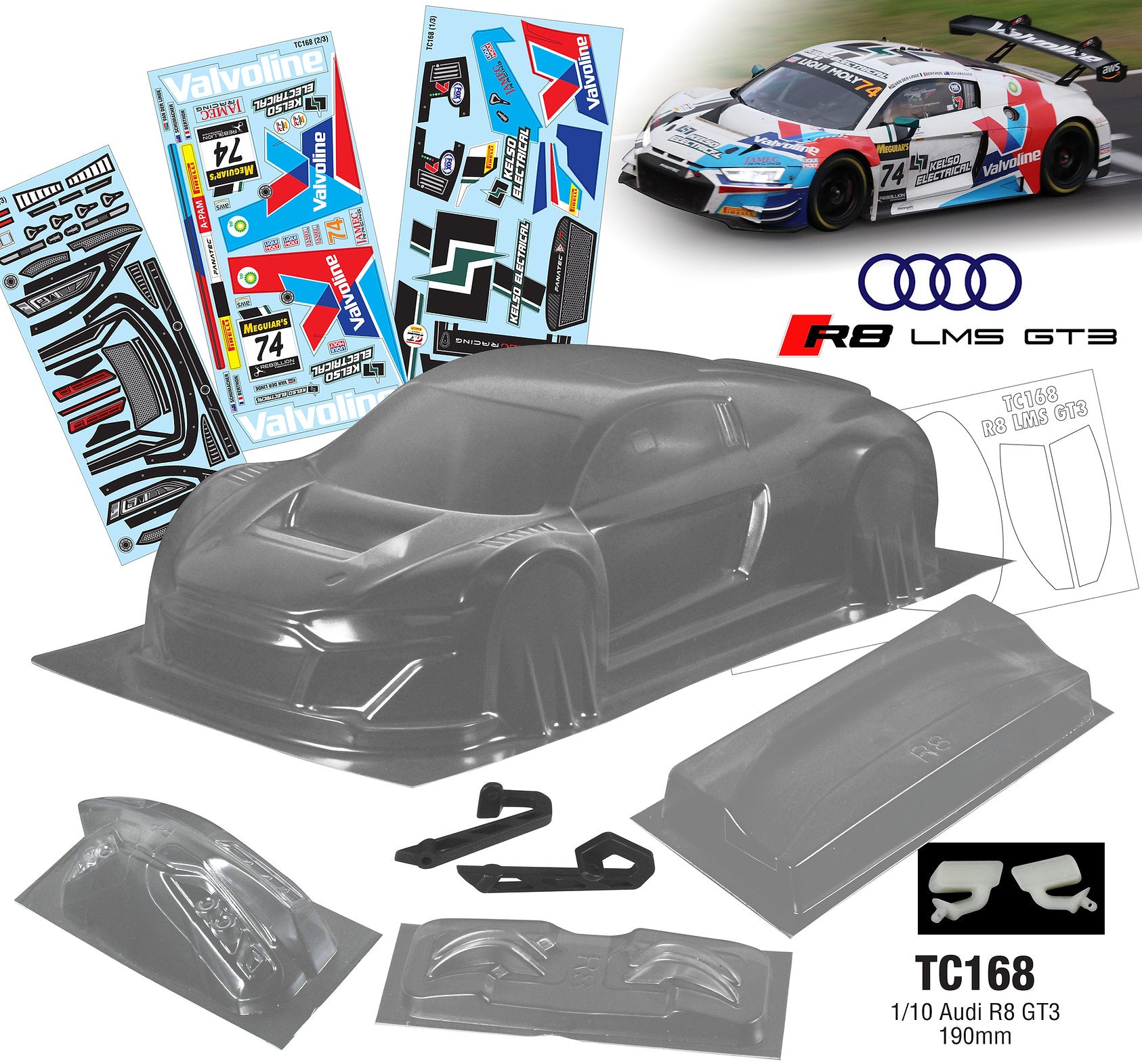 TC168 1/10 Audi R8 GT3 TT01 TT02 Drift to fit HPI TAMIYA MST 190mm