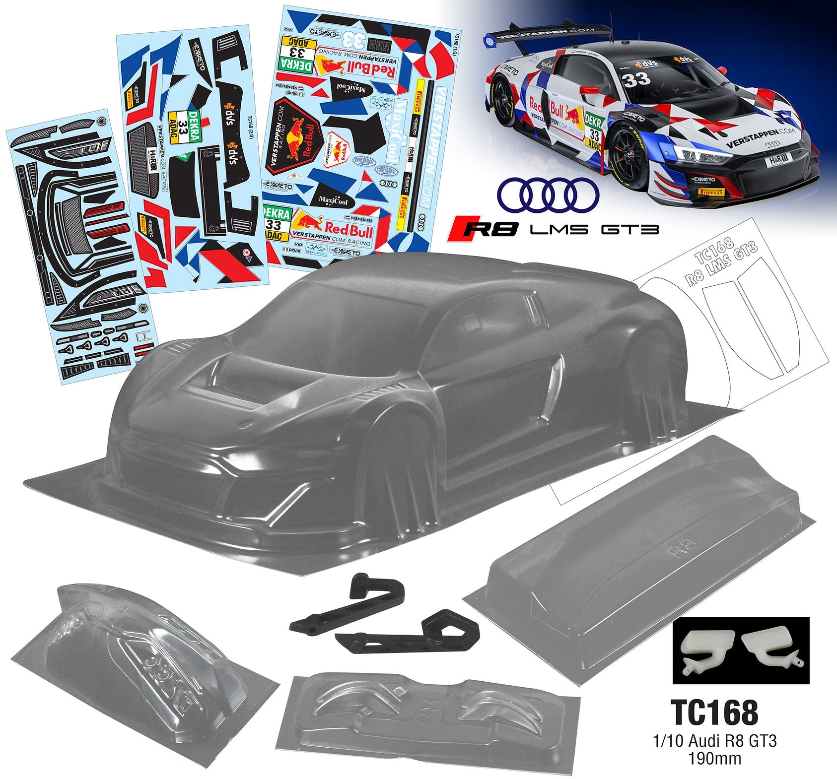 TC168 1/10 Audi R8 GT3 TT01 TT02 Drift to fit HPI TAMIYA MST 190mm
