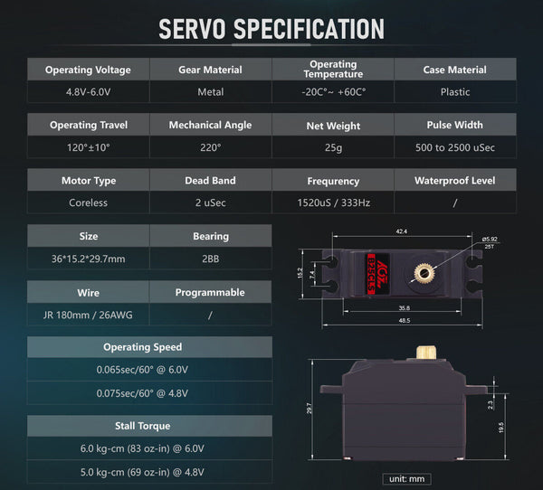 AGF-RC B25CLS Mini Coreless Servo Hybrid Case 6kg 0.06 sec @6v GT12 12th Mini