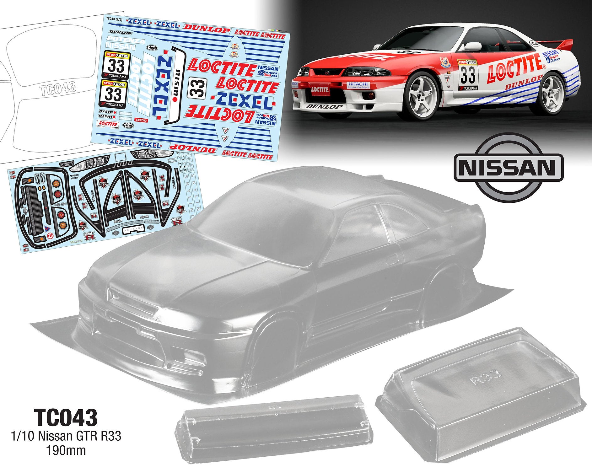 TC043 1/10 Nissan GTR R33  Loctite, 190mm Tamiya TT01 TT02 HPI Kyosho Drift MST