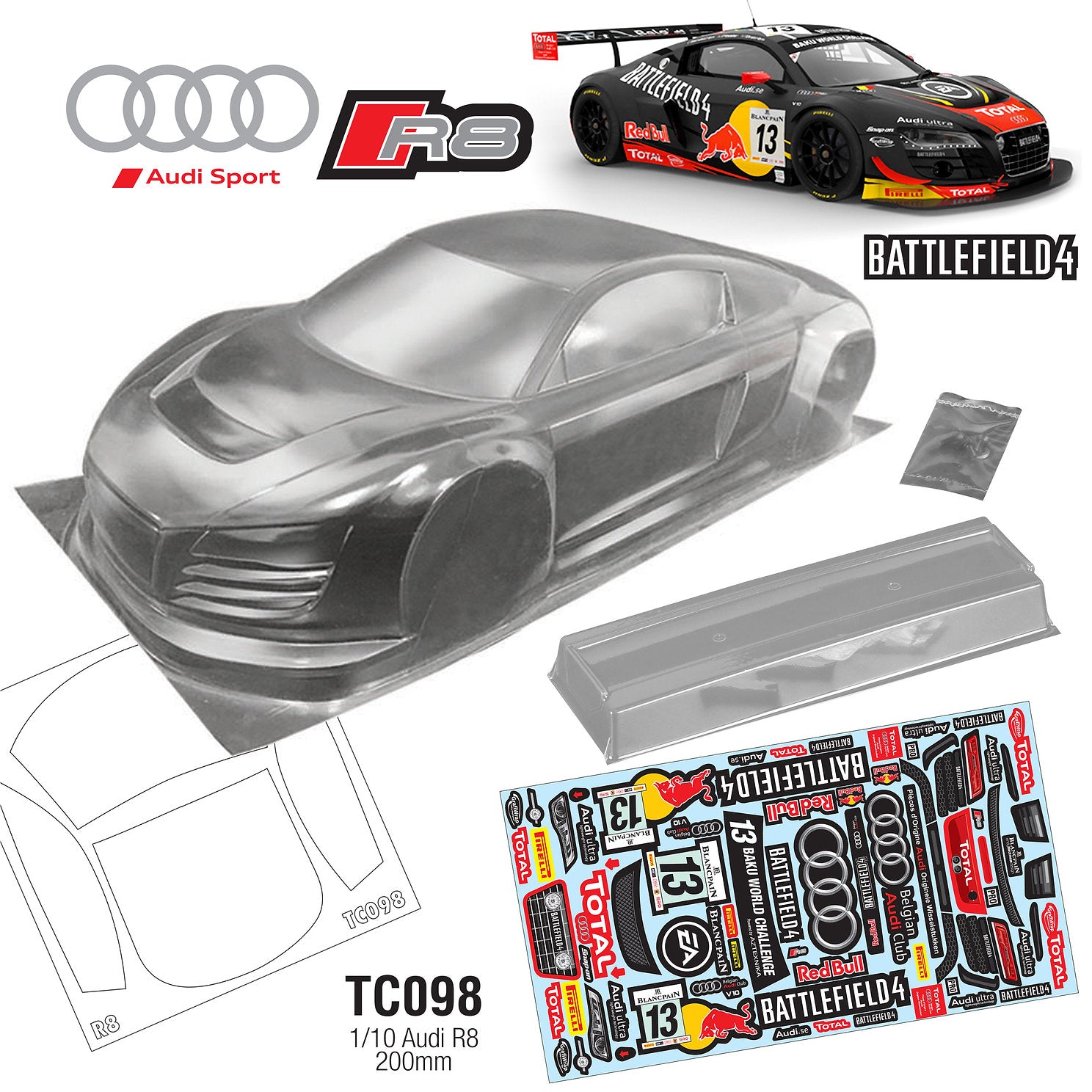 TC098 1/10 Audi R8 Battlefield 195mm TT01 TT02 Drift to fit HPI TAMIYA MST