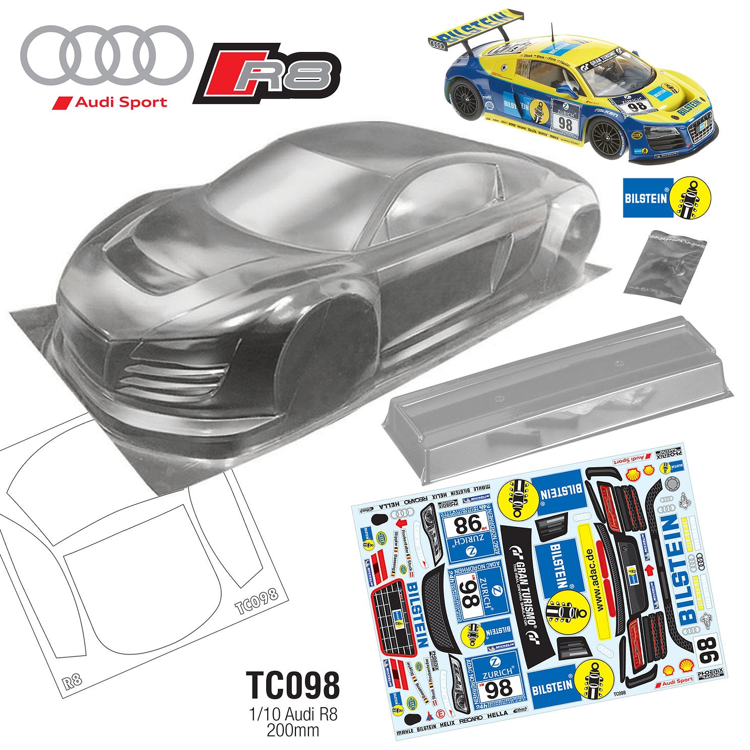 TC098 1/10 Audi R8 BILSTINE 195mm TT01 TT02 Drift to fit HPI TAMIYA MST