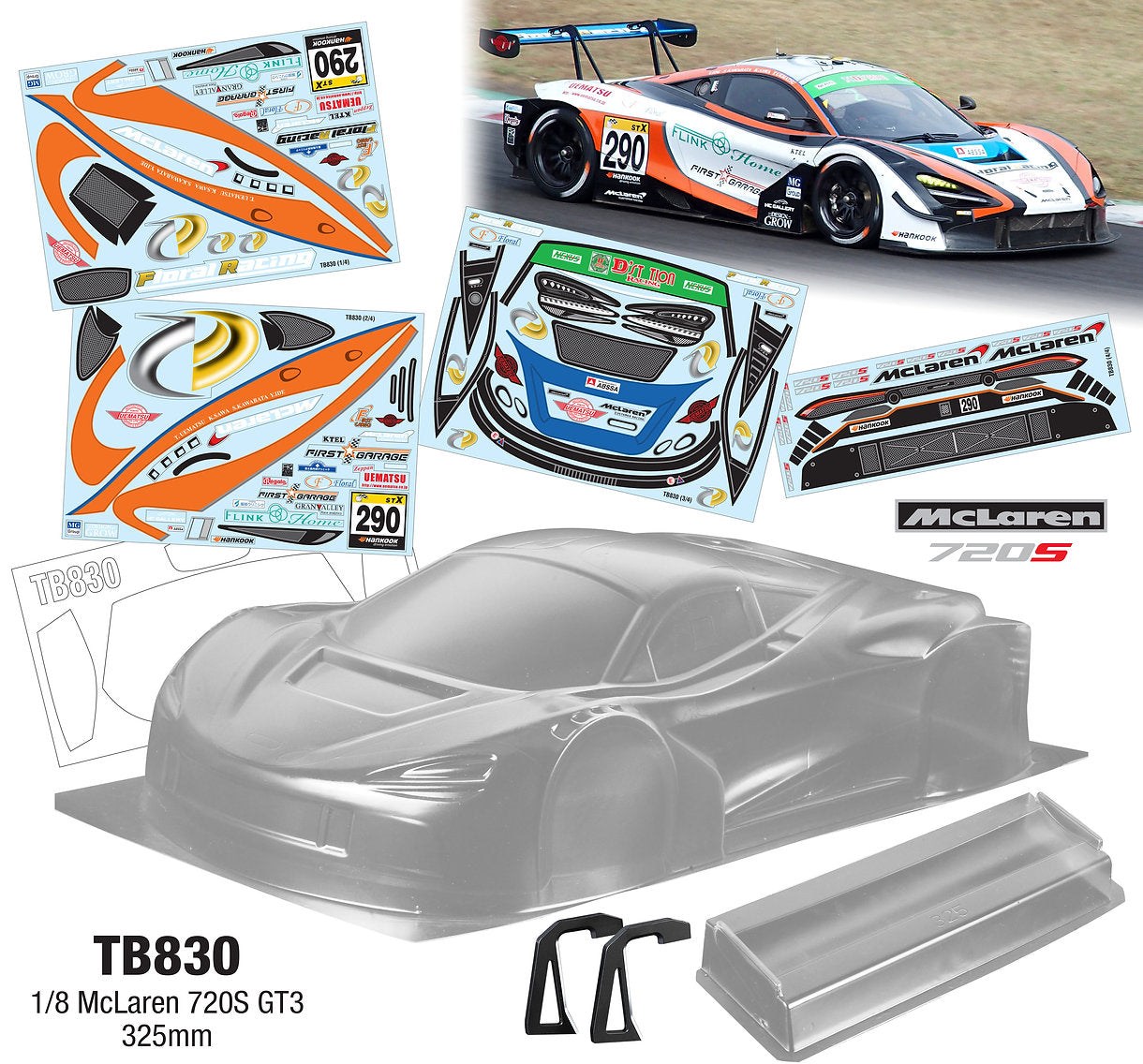 TB830 1/8 McLaren 720S GT3 (325mm) HOBAO Kyosho Mugen Sworkz TLR Hotbodies Traxxas
