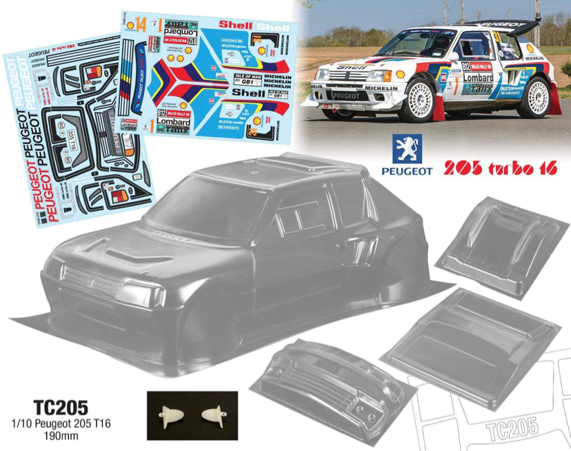 1 10 Peugeot 205 Bodyshell T16 Tamiya TT01 TT02 XV02 HPI Kyosho TC205