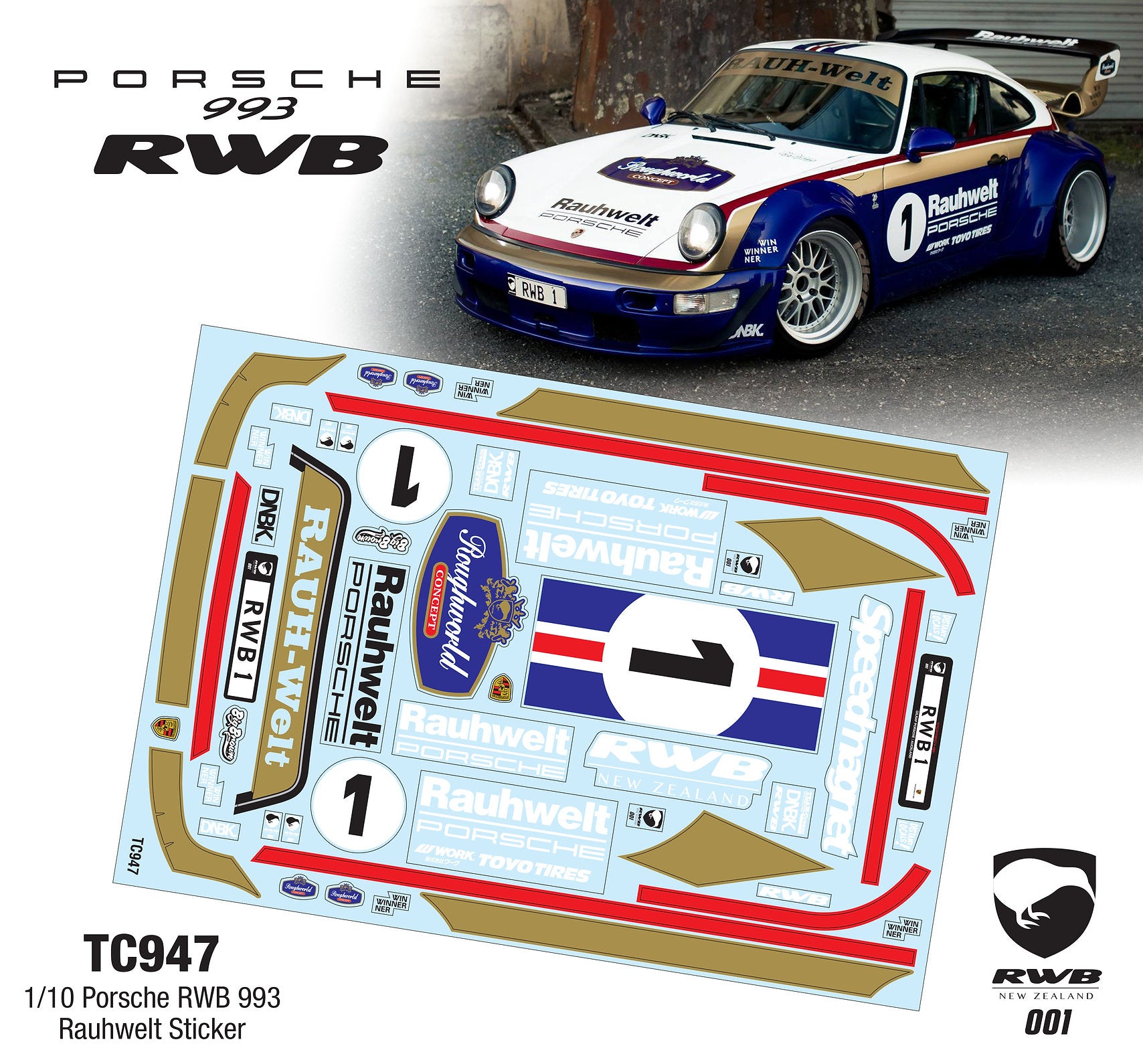 TC947 1/10 Porsche RWB 993 Rauhwelt Sticker, A4 Tamiya HPI KYOSHO MST ...