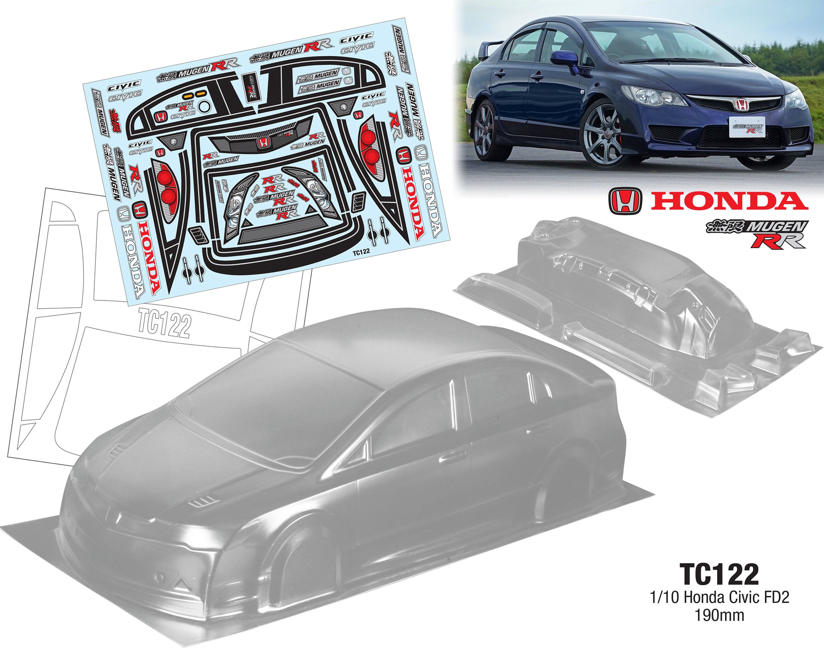 TC122 1 10 Honda Civic FD2 190mm To Fit Tamiya TT01 TT02 HPI